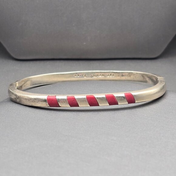 Taxco Sterling Silver Red Coral Inlay Bracelet Hinged Bangle 7" Modernist VTG - Picture 1 of 12